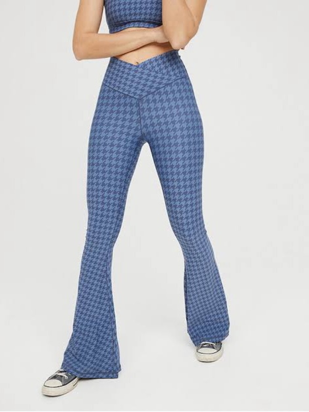 aerie OFFLINE Real Me Blue Houndstooth High-Waist Super Flare Leggings